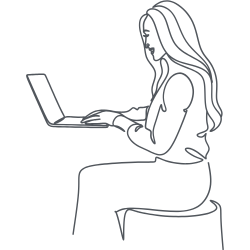 Fein gezeichnetes Logo einer Frau die am Computer arbeitet.